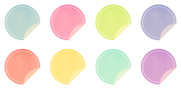 Mockup realistic pastel colored paper round stickers with curved corner. Round sticker on a transparent background. Extracted, png file, isolated