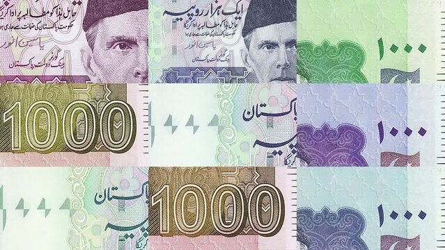 Pakistani Rupee 1000 PKR banknotes abstract color loop pattern. Pakistan bank note concept of currency, finance and economy. Looped and seamless design background. 