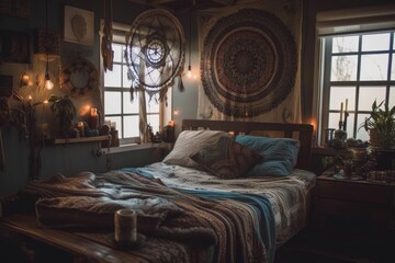 Elegant bedroom with dream catcher. Generative AI