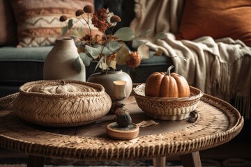 Fototapeta na wymiar Vintage living room closeup. Sofa, autumn themed rattan table. acorn and dried leaf vase. Boho chic, autumn decor,. Generative AI