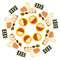 Illustration Asian food. Cartoon restaurant menu.Vector illustration mandala. Cute element for greeting cards, posters, stickers and seasonal design. Isolated on white background.