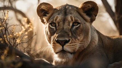Naklejka na ściany i meble Close up of a lion resting under a tree in the savannah