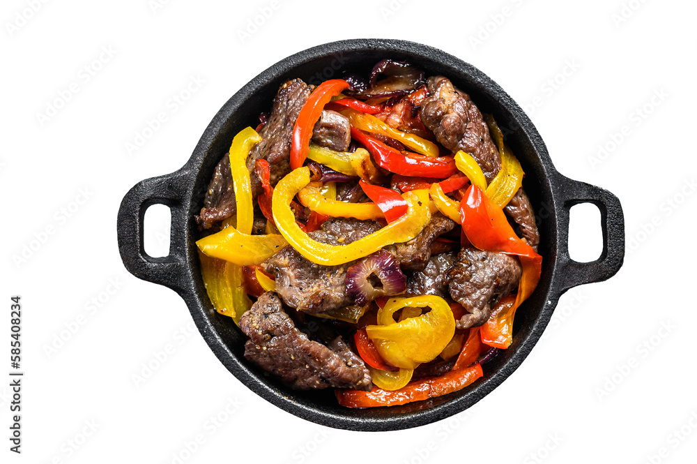 Wall mural fajitas beef meat traditional mexican food dish in a pan. isolated, transparent background. - Wall murals