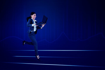 Fototapeta na wymiar Business woman running with laptop over futuristic background