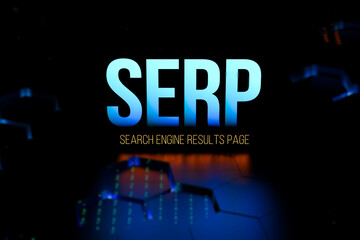 SERP SEARCH ENGINE RESULTS PAGE neon blur text concept. SERP abbreviation. 3D render.
