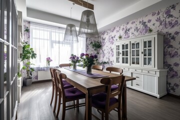 Fototapeta premium White and violet farmhouse dining room. Floral wallpaper, seats, table. Japanese interiors. Generative AI