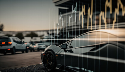 Stock chart with a strong rising and falling line with car at the dealership in background