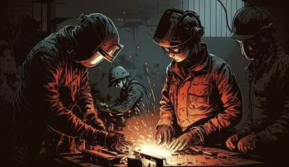Industrial Metal Fabrication Workshop with Skilled Welders at Work, generative ai