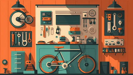 minimalistic vector style bicycle repair shop with a bike being serviced and basic tools hanging on the wall, generative ai