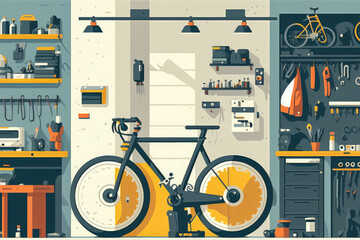 minimalistic vector style bicycle repair shop with a bike being serviced and basic tools hanging on the wall, generative ai