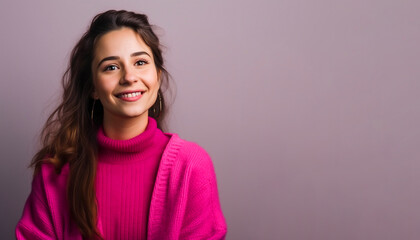 Fototapeta premium Portrait of a happy woman posing in studio with copy space gradient solid background.