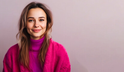 Fototapeta premium Portrait of a happy woman posing in studio with copy space gradient solid background.