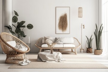 White living room wall. Scandi boho interior mockup. Free copy space for your image, text, or design. Rattan armchair, macrame, sofa. Generative AI