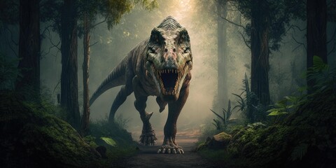 Prehistoric creature or dinosaur in the wild nature. Realistic style drawing. superlative generative AI image.
