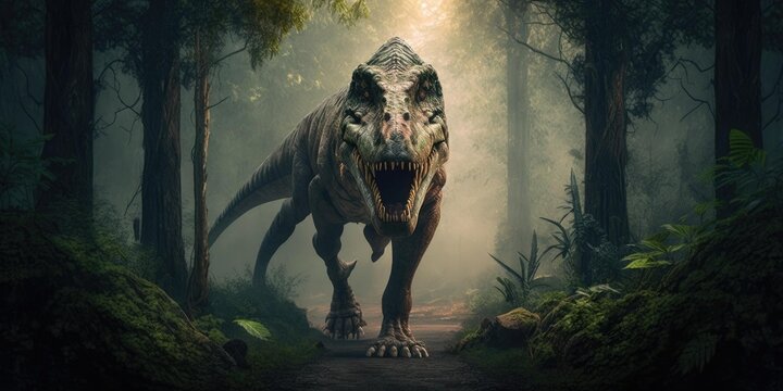 Fototapeta Prehistoric creature or dinosaur in the wild nature. Realistic style drawing. superlative generative AI image.
