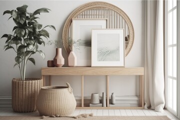 Scandi Boho mockup frame on interior background, soft pastel hues. Generative AI
