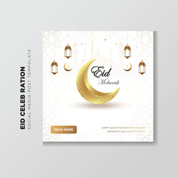 Eid Mubarak celebration social media template with the Islamic background design. Usable for social media, Instagram, flyers, and web ads. Vector design with photo collage
