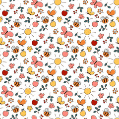 seamless pattern small print with colorful doodle nature elements