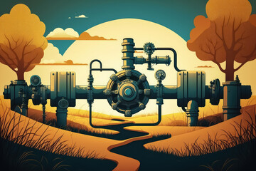pipeline with valves and pumps running through a rural landscape, generative ai