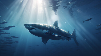 Obraz premium 海を優雅に泳ぐサメ | Shark swimming gracefully in the sea Generative AI
