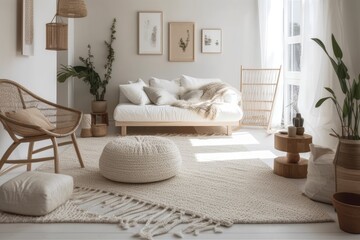Modern Scandinavian home decor. Beautiful boho living room with comfy couch, lounge chair, carpet, white walls, flowers bouquet, decorations. Generative AI