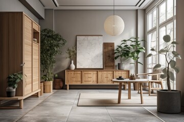 Japanese living room, architect interior designer idea. Marble floor and wooden dresser,. Generative AI