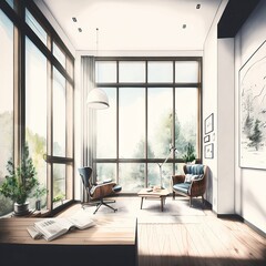 Illustration of the modern light apartment with a big window. Generative AI.