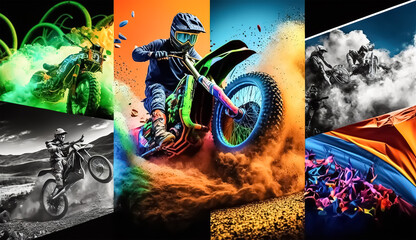 Multi sport collage athletics xtream, motocross, mountain bike, offroad car, hiking, trail run, race, neons light, High detail, hyper realistic, 8k. Created with Generative AI technology.