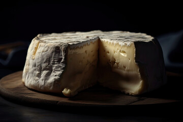 Brie cheese, fresh cheese is only sliced, lies on a table on a dark background Generative AI