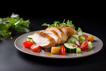 Roasted or baked chicken breast fillet with fresh vegetable salad on white plate on black background