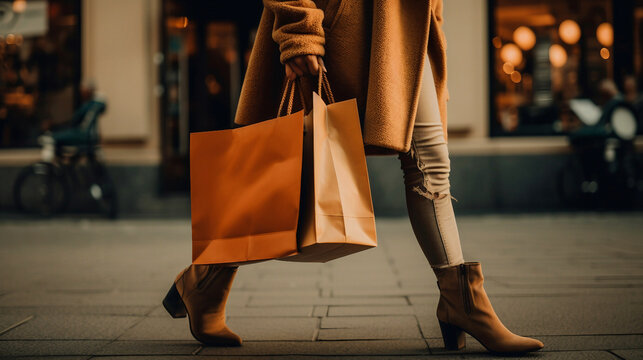 woman with legs holding shopping bags.