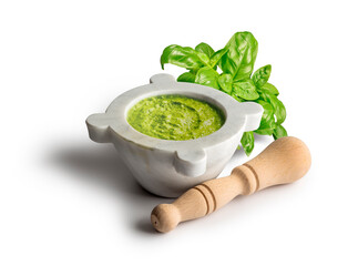 Genoese pesto sauce with mortar and ingredients