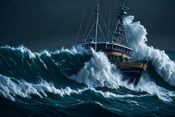 Obraz premium Ship being tossed at sea during storm, Generative AI