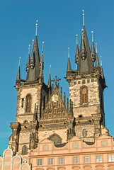 Fototapeta na wymiar Towers of the Tyn Church on the Old Town Square in Prague