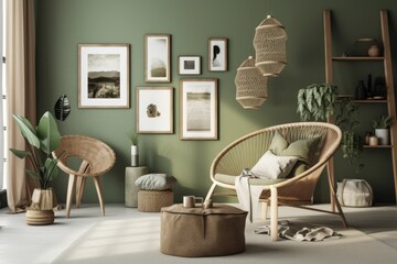 Innovative living room décor with boho chair, mockup frames, commodes, and personal accessories. Sage green wall. Template. Copies. Generative AI