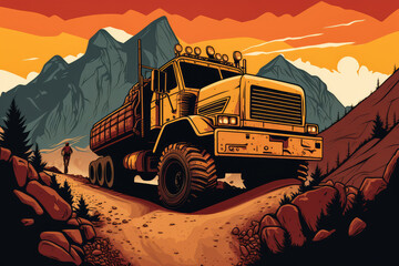 vector style illustration of a rugged off-road truck navigating a treacherous mountain path with a load of heavy equipment in tow, generative ai