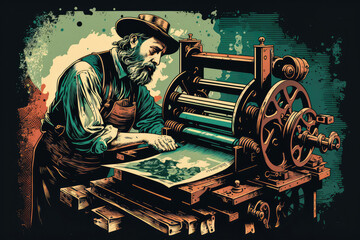 Vintage printing press in action with a skilled pressman operating the machine and colorful ink rollers, generative ai