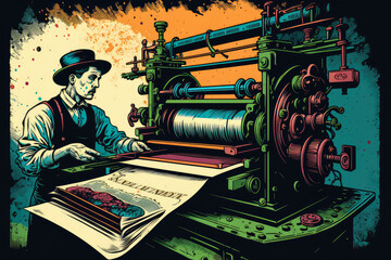 Vintage printing press in action with a skilled pressman operating the machine and colorful ink rollers, generative ai