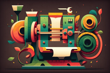 Whimsical vector style art of a printing press with cartoonish elements and bright colors, generative ai