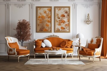 White and orange antique Nordic living room. Fabric couch, parquet, decors, and wall mockup. Farmhouse decor,. Generative AI