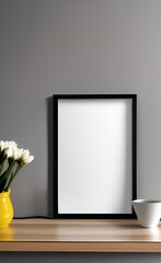 Blank wooden white picture frame mockup on wall in modern interior. Mock up for artwork, painting, text, photo or poster in interior design. Generative AI.