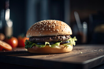 fresh appetizing burger with juicy cutlet, cheddar cheese, sprinkled with sesame seeds on a dark interior background Generative AI