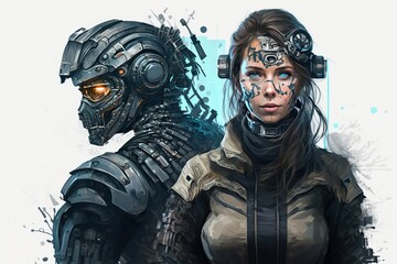Cyber communications design concept, woman and robot made with generative AI