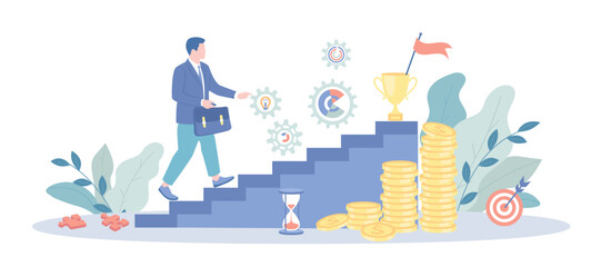 Business Success, Leadership, Innovation, Financial Profit Growth. Businessman walking success ladder or steps. Vector illustration with character situation for web.