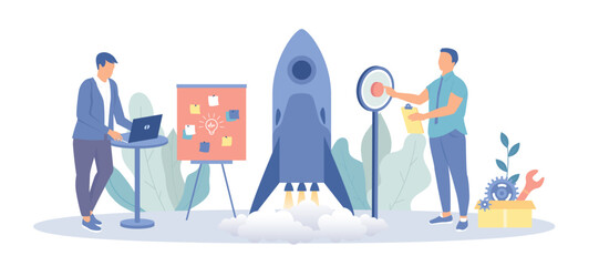 Startup Project Launch. New business, brainstorming, analyzing and planning strategy. Team of business people launching rocket. Vector illustration with character situation for web.
