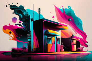 Artistic gas station with abstract fuel pumps and vibrant graffiti art on the walls, generative ai
