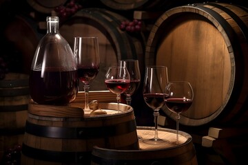 Fototapeta na wymiar Bottle and Glass of Red Wine on Barrel Background
