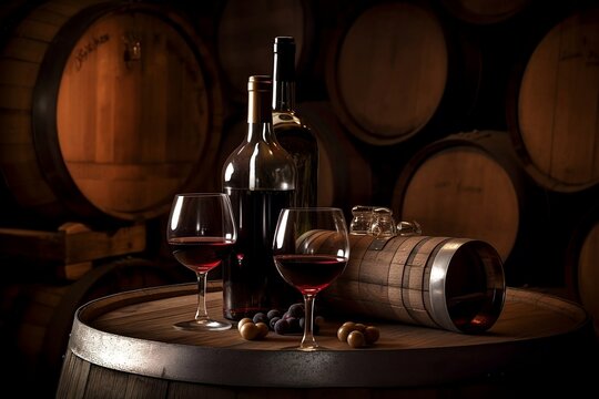 Bottle and Glass of Red Wine on Barrel Background