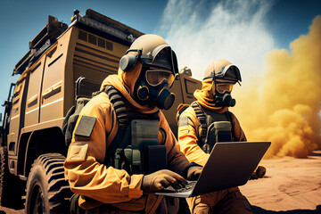 Firefighter team in gas mask working with laptop all terrain SUV on background.