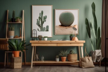 Styled living space with imitation poster frame, structural painting, succulents, and personal accessories. Plant love. Template. Generative AI